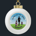 Lady Golfer Golf Course Custom Name 3-D Monogram Ceramic Ball Christmas Ornament<br><div class="desc">A custom unique golf lover's Christmas ornament - tastefully done -- ready to run the course -- scenic - golfer in action - and personalise with a custom two-tone monogram as well and their name as well. This is a great gift for all lady golf lovers -- fun / attractive...</div>