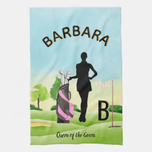 Lady Golfer Golf Course Custom Name 3-D Monogram   Tea Towel