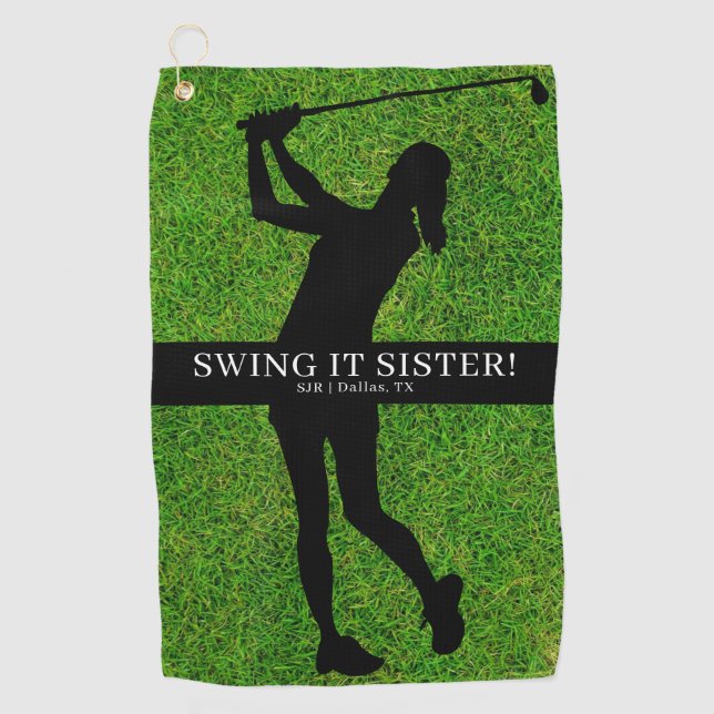 Lady Golfer Golf Green Silhouette Monogram Golf Towel (Front)