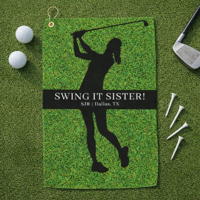Lady Golfer Golf Green Silhouette Monogram Towel (Personalize with Initials, City and State.  Edit caption too, if you wish.)