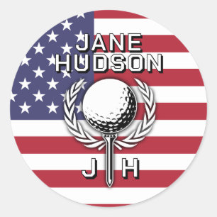 Lady Golfer Patriotic Monogram Design Classic Round Sticker