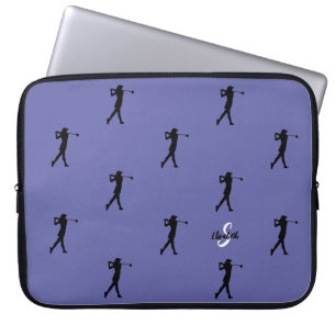 Lady Golfer Pattern Monogram Name Periwinkle Blue Laptop Sleeve