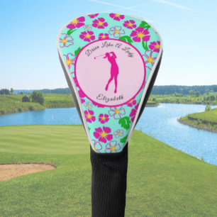 Lady Golfer Pink Aqua Preppy Custom Name Ladies Golf Head Cover