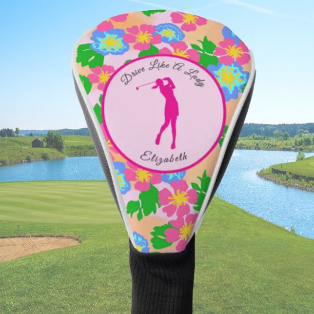 Lady Golfer Pink Floral Preppy Custom Name Ladies Golf Head Cover (Creator Uploaded)