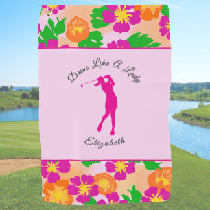 Lady Golfer Pink Floral Preppy Custom Name Ladies Golf Towel