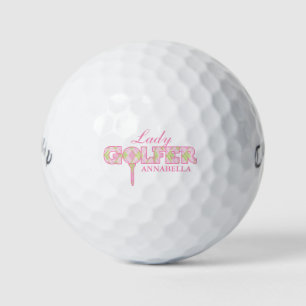 Lady golfer pink plaid personalise gift golf balls