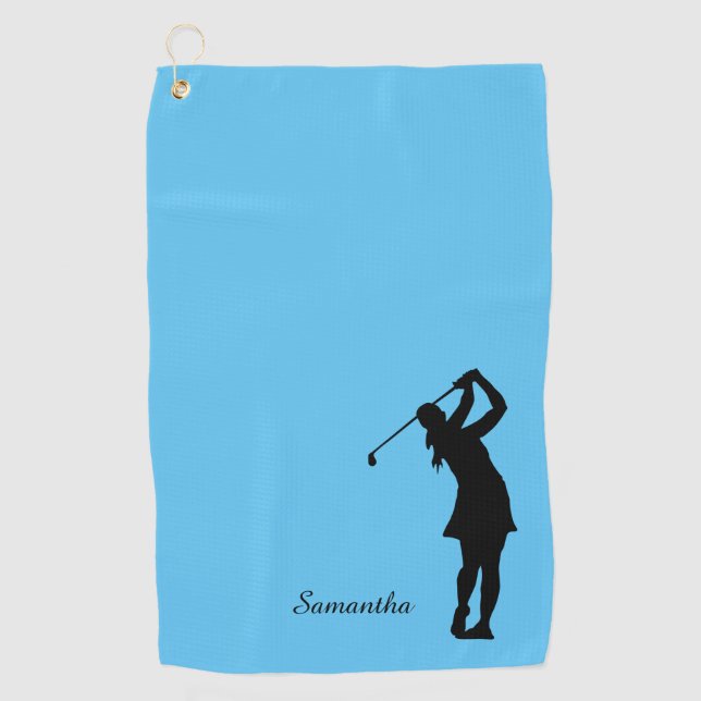 Lady Golfer Silhouette Black Blue Monogram Golf Towel (Front)