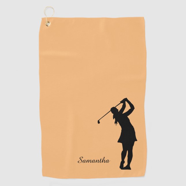Lady Golfer Silhouette Black Orange Monogram Golf Towel (Front)