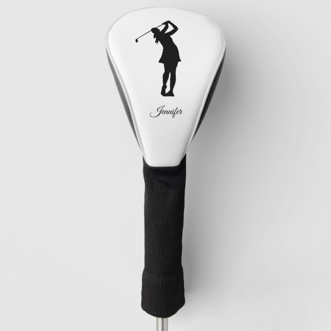 Lady Golfer Silhouette Black White Your Name Golf Head Cover (Front)