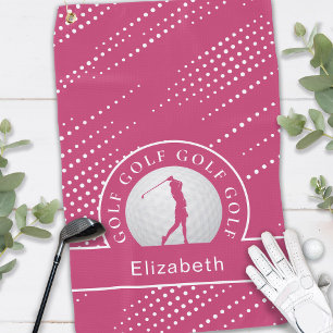 Lady Golfer Silhouette Sports Pattern Pink White Golf Towel