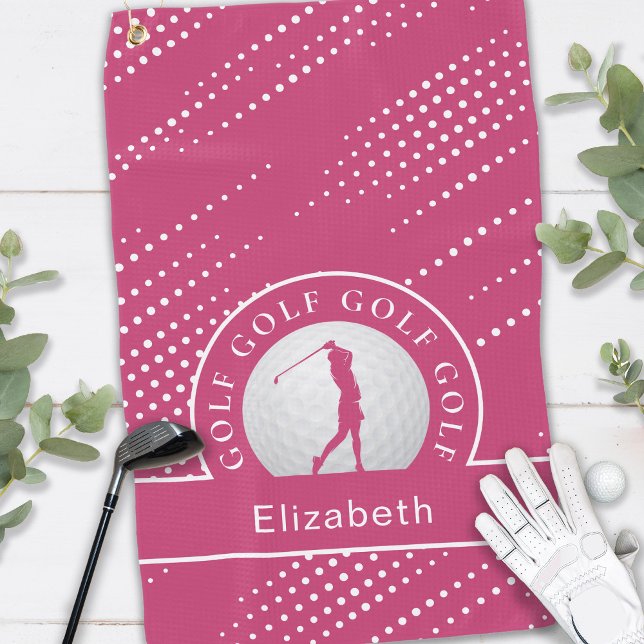 Lady Golfer Silhouette Sports Pattern Pink White Golf Towel (Lady Golfer Silhouette Sports Pattern Pink White Golf Towel)