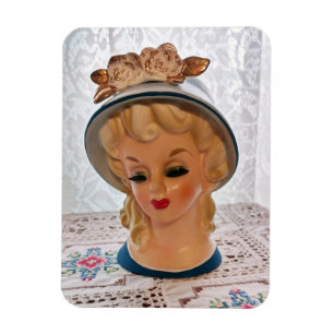 Lady Head Vase Blonde Teen Blue Hat Flower Magnet