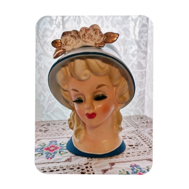 Lady Head Vase Blonde Teen Blue Hat Flower Magnet (Vertical)