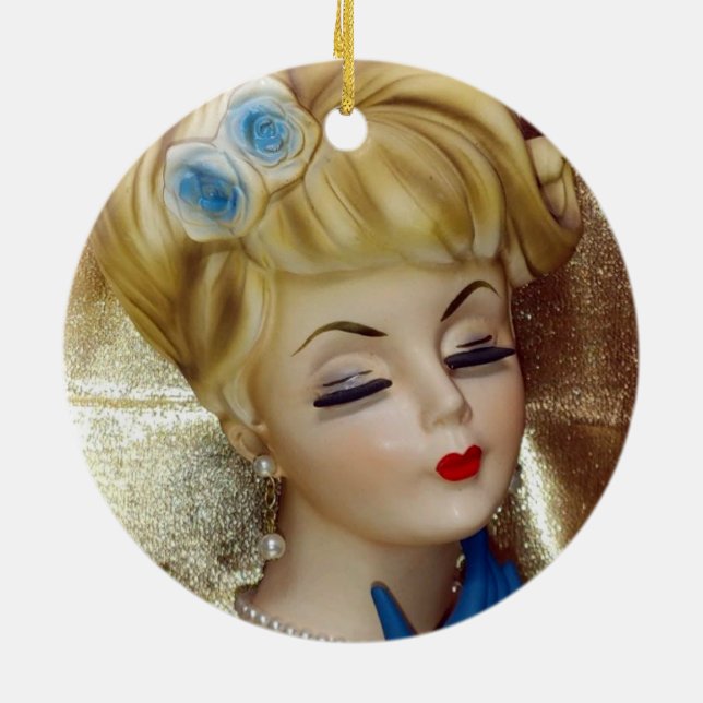 Lady Head Vase Hair Flower Blue Gloves Fancy Ceramic Ornament (Back)