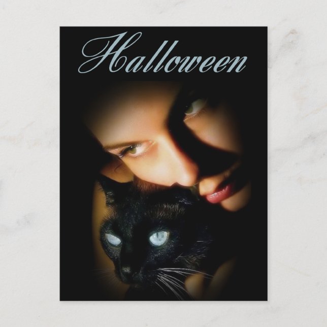 Lady & her Blue Eyed Cat Halloween Postcards (Front)