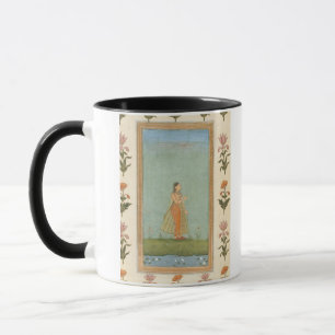 Lady holding a flower, standing by a lily pond, fr mug