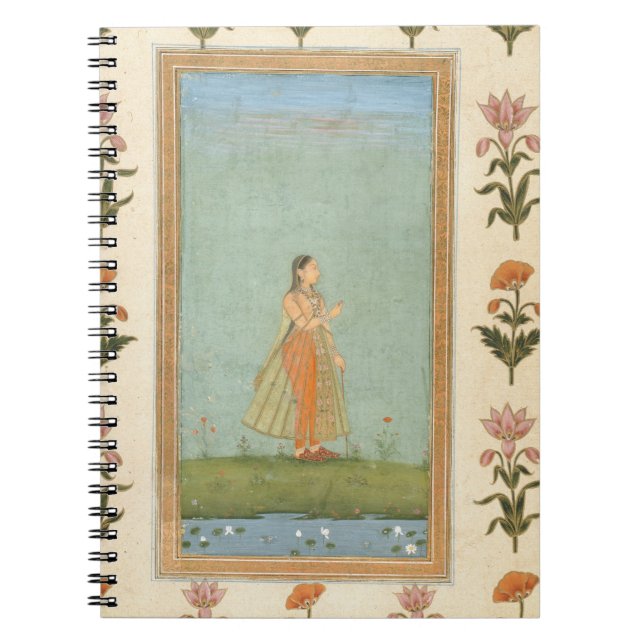 Lady holding a flower, standing by a lily pond, fr notebook (Front)