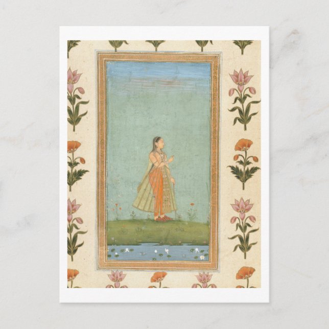 Lady holding a flower, standing by a lily pond, fr postcard (Front)