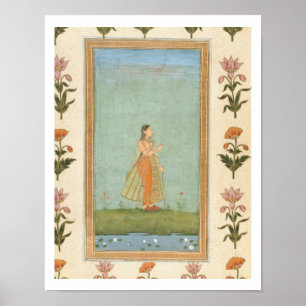 Lady holding a flower, standing by a lily pond, fr poster