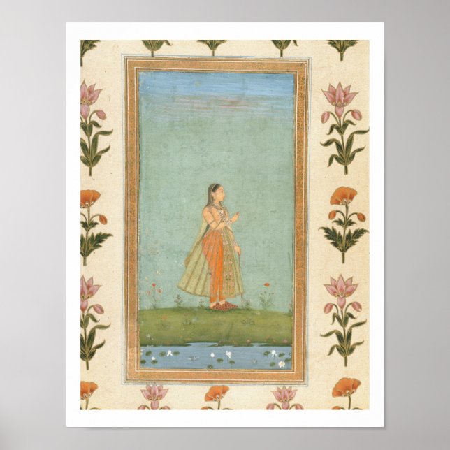 Lady holding a flower, standing by a lily pond, fr poster (Front)