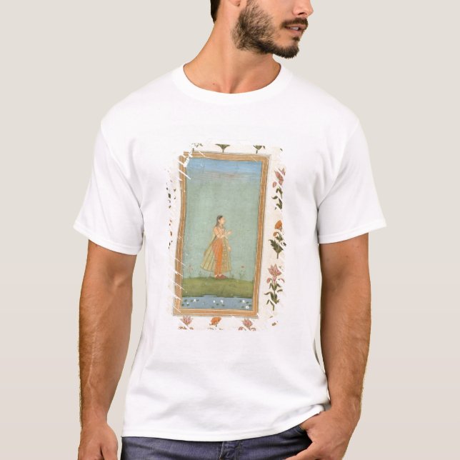 Lady holding a flower, standing by a lily pond, fr T-Shirt (Front)