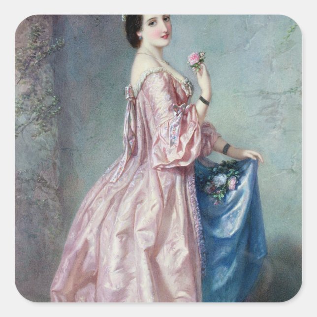 Lady holding Flowers in her Petticoat Square Sticker (Front)