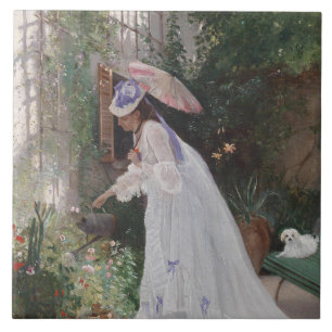 Lady in a Garden Caring For Her Flowers With Love Ceramic Tile
