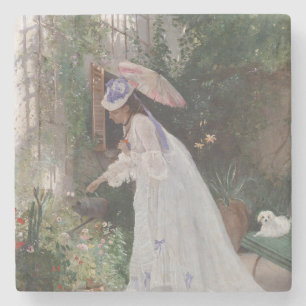Lady in a Garden Caring For Her Flowers With Love Stone Coaster