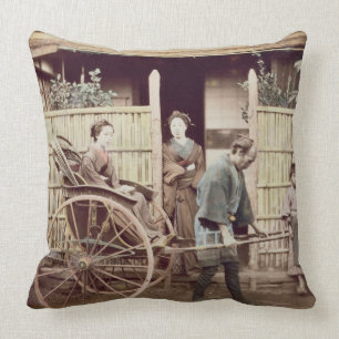Lady in a rickshaw, c.1890s (coloured photo) cushion
