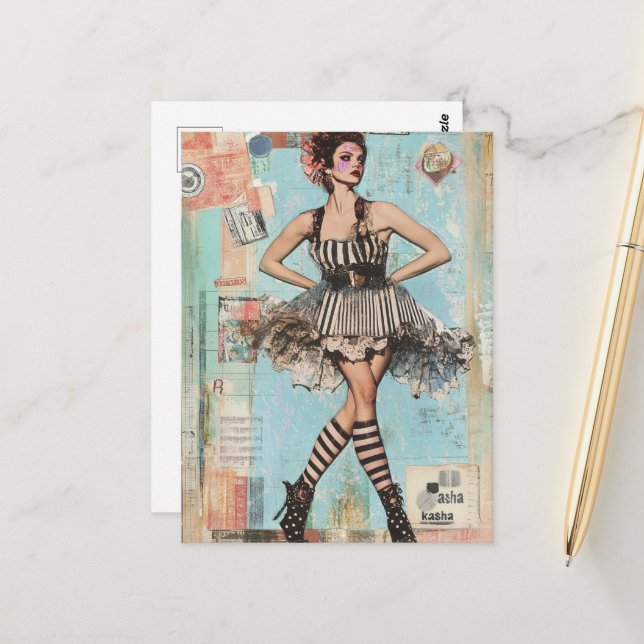 Lady in Black and White Fashion Dress Collage Postcard (Front/Back In Situ)
