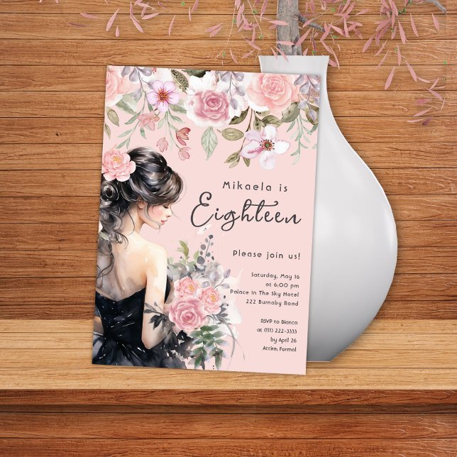 Lady in Black Gown Pink 18th Birthday Invitation (Creator Uploaded)