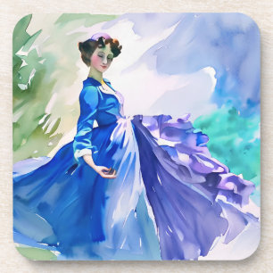 Lady in Blue Dress - Watercolor Painting Coaster