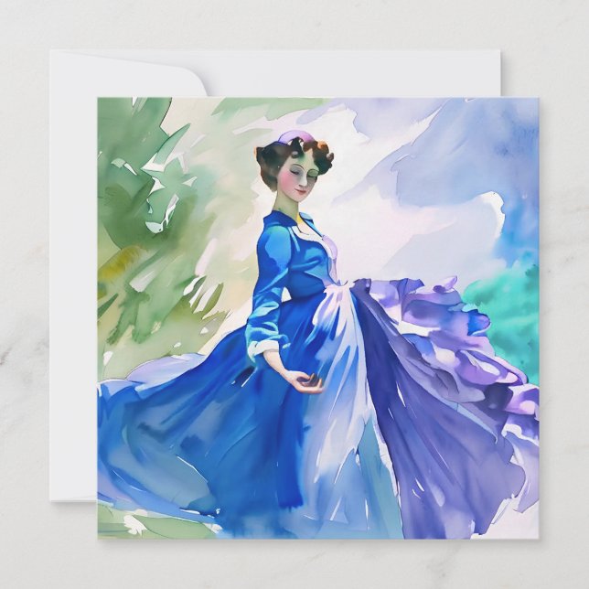 Lady in Blue Dress - Watercolor Painting Invitation (Front)