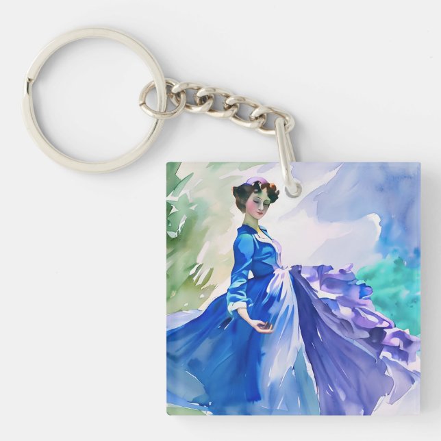 Lady in Blue Dress - Watercolor Painting Key Ring (Front)
