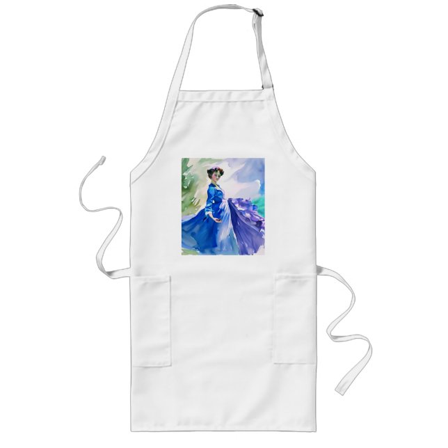Lady in Blue Dress - Watercolor Painting Long Apron (Front)