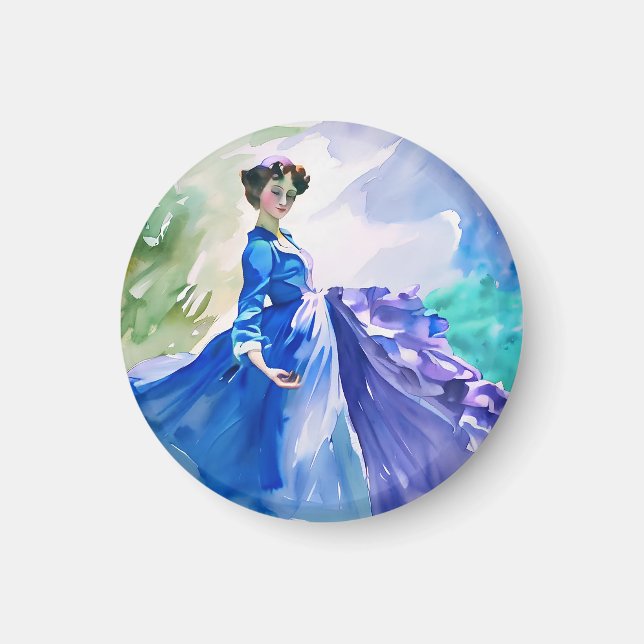 Lady in Blue Dress - Watercolor Painting Magnet (Front)