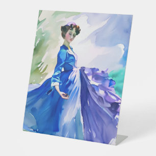 Lady in Blue Dress - Watercolor Painting Pedestal Sign