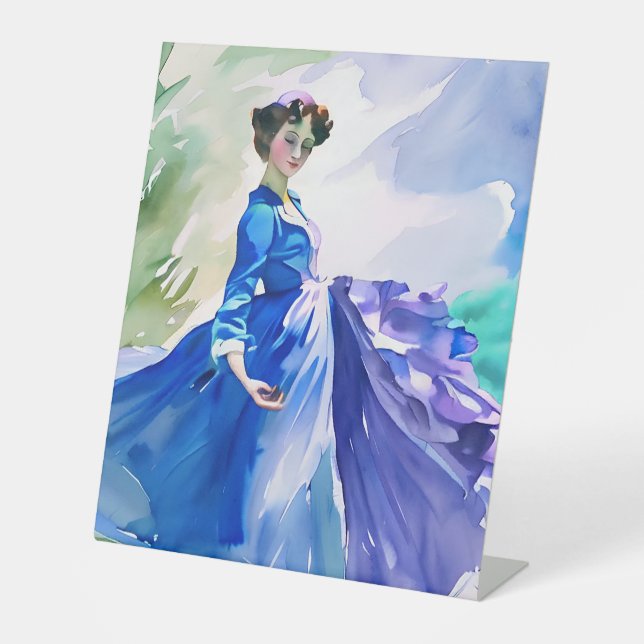 Lady in Blue Dress - Watercolor Painting Pedestal Sign (Front)