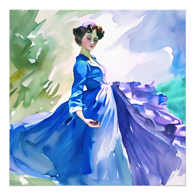 Lady in Blue Dress - Watercolor Painting Photo Print (Front)