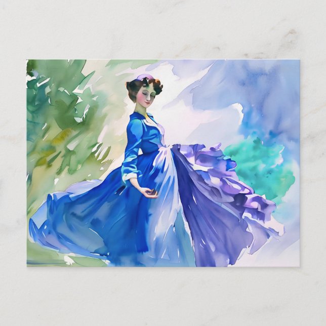 Lady in Blue Dress - Watercolor Painting Postcard (Front)