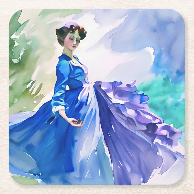 Lady in Blue Dress - Watercolor Painting Square Paper Coaster (Front)