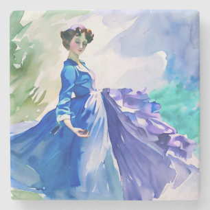 Lady in Blue Dress - Watercolor Painting Stone Coaster