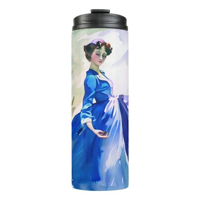 Lady in Blue Dress - Watercolor Painting Thermal Tumbler (Front)
