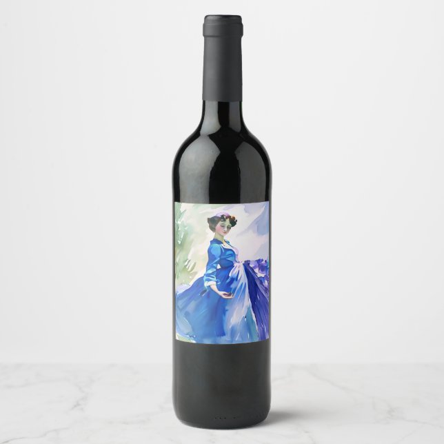 Lady in Blue Dress - Watercolor Painting Wine Label (Front)