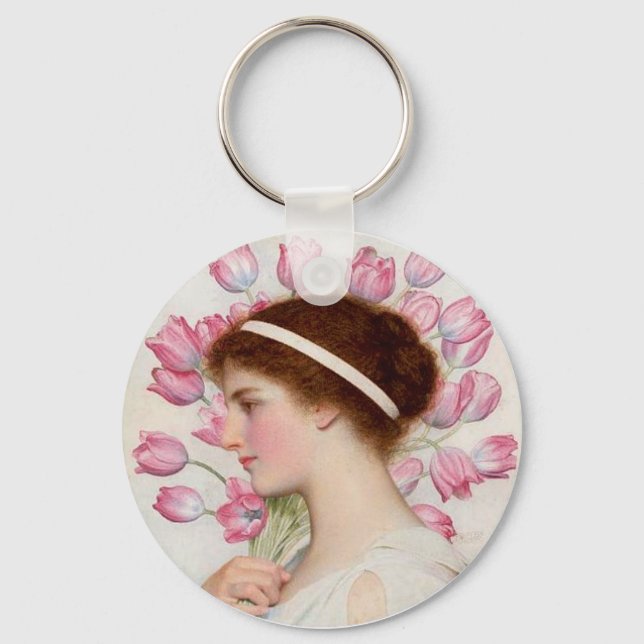 Lady in Classical Dress with Pink Tulips Key Ring (Front)