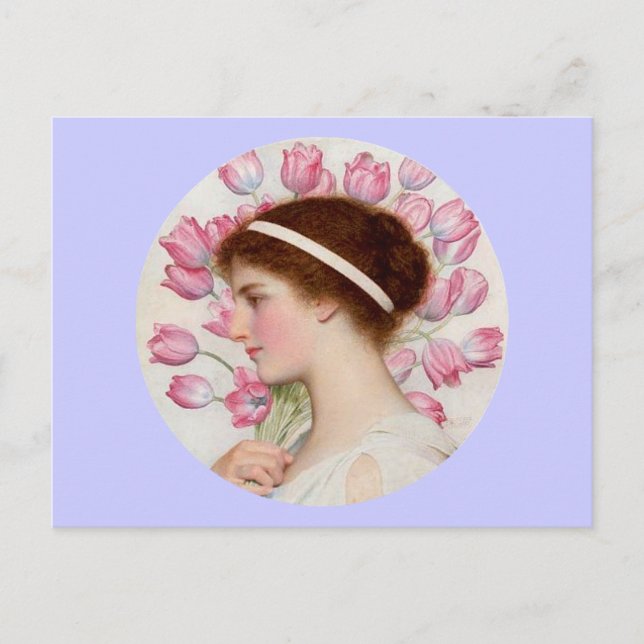 Lady in Classical Dress with Pink Tulips Postcard (Front)