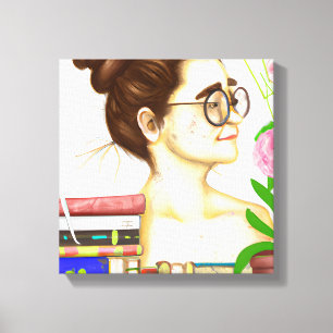 Lady in Glasses, Books and Flowers Canvas Print