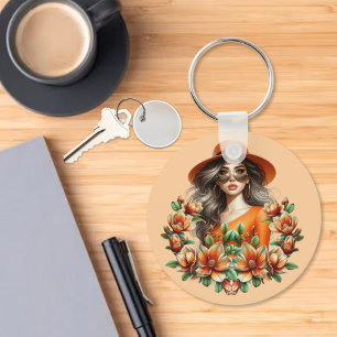 Lady in Orange Derby Hat - Orange Floral Key Ring
