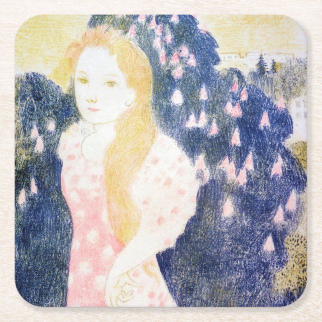 Lady in Pink Dress, Maurice Denis Square Paper Coaster (Front)