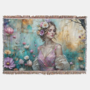 Lady in Pink, textured floral landscape teal gold Throw Blanket